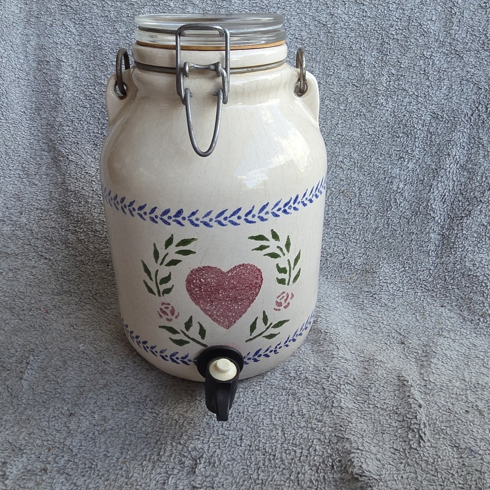 Vintage Stoneware Beverage Dispenser Water Crock Heart Pattern Best For Decor